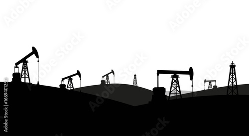 oil pumpjacks silhouette landscape, energy industry, fuel extraction, power generation, pumpjack field, black and white illustration