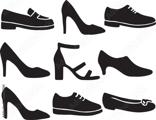 Vector black fashion footwear silhouette collection, with high heels, boots, and men's shoe designs, a set of shoes for men and women