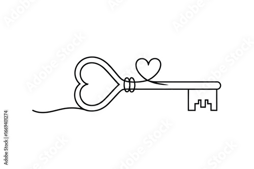 Elegant single line drawing of a vintage key with a heart shaped bow and a small heart accent