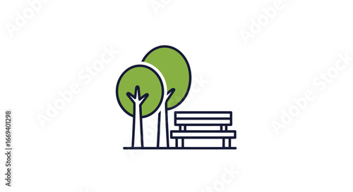 park bench with trees illustration, nature, relaxation, peace, outdoor scene, simple design, graphic, , spring, summer