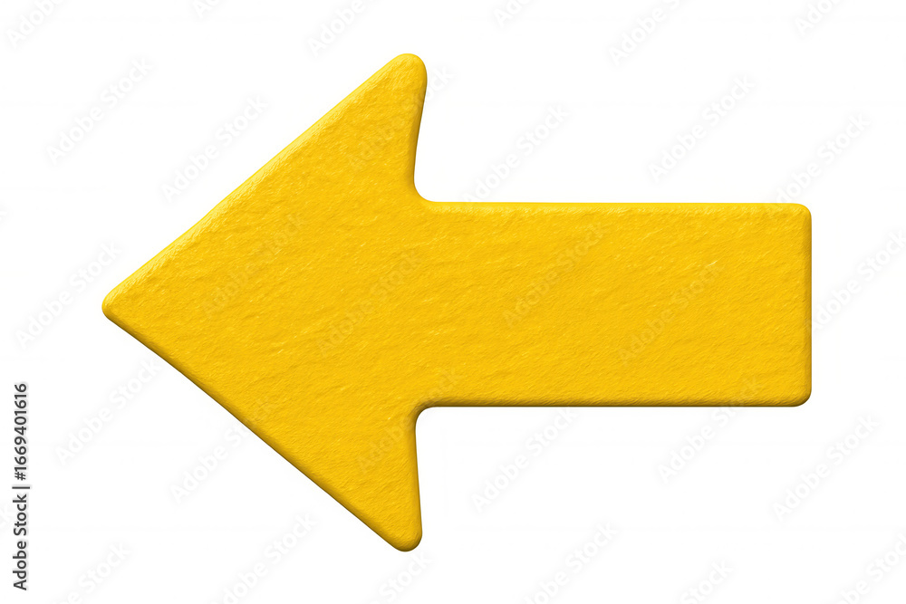 Fototapeta premium Yellow left-pointing arrow with textured design, transparent backdrop, representing directional navigation and selection guidance