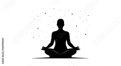 silhouette of a person in lotus position, meditating with stars