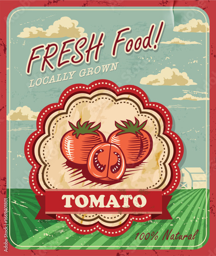 Vintage Farm Fresh Tomato Poster Design. Vector illustration.