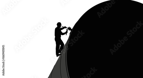 silhouette of worker repairing large pipeline, industrial maintenance, energy concept