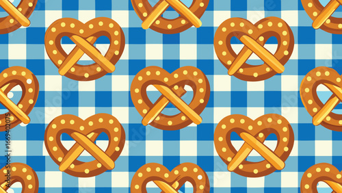 Brown pretzels with yellow dots on blue and white checkered background baked goods