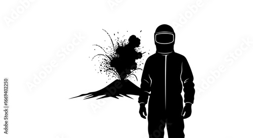volcano eruption silhouette scientist in protective gear observing volcanic activity