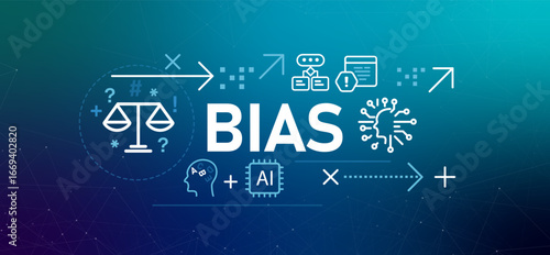 Bias in artificial intelligence conceptual banner illustration the problem of unintended prejudice or unfairness in AI systems caused by flawed incomplete training data