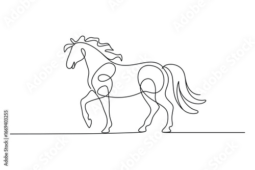 Elegant continuous line drawing of a majestic horse in profile with flowing mane and tail on a white background