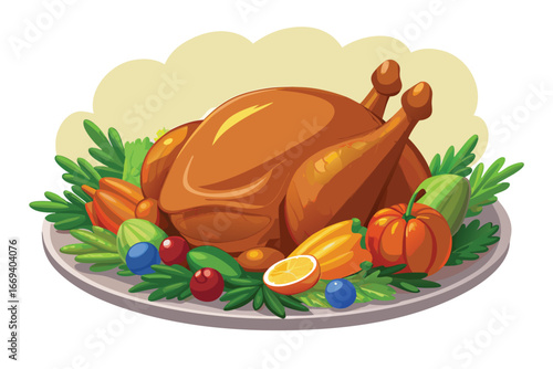 Delicious roasted turkey centerpiece with festive vegetables and berries for holiday celebrations