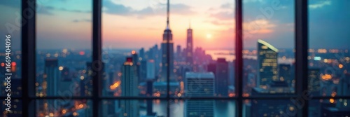 A blurred city skyline viewed from a high-rise office, suggesting ambition and career advancement opportunities Ideal for corporate websites and recruitment materials , future, lights, development