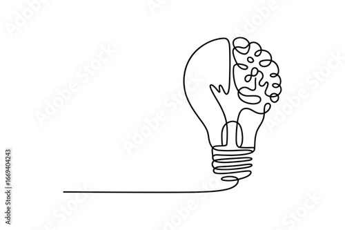 Minimalist single line drawing of a light bulb seamlessly transforming into a human brain symbolizing creativity and innovation