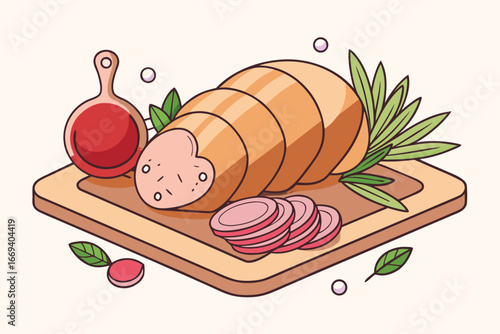 Delicious sliced sausage presented with fresh herbs and a dipping sauce on a wooden board