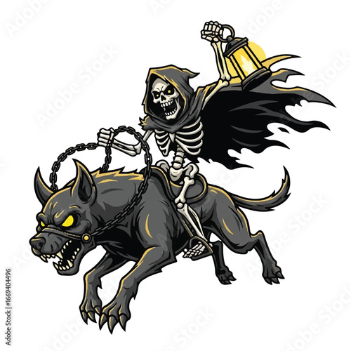 A skeletal Grim Reaper riding a fierce, snarling black dog, holding a glowing lantern aloft.