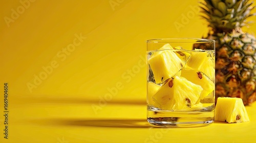 A picture of juice glass with pineapple chunks on a yellow studio background