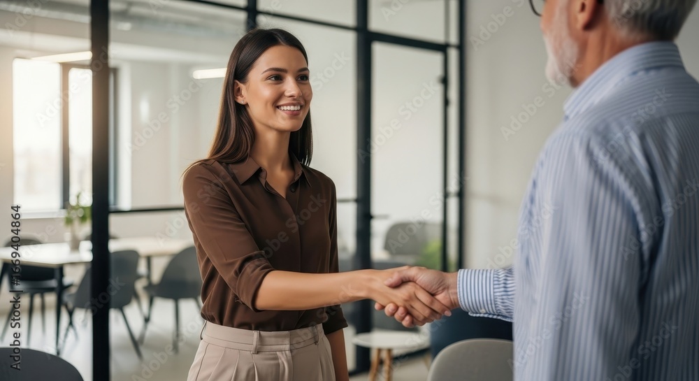 Fototapeta premium Business Handshake Professional Woman and Senior Man Collaborating in a Modern Office Setting