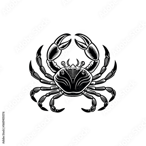 A detailed black and white illustration of a crab with large claws silhouette vector