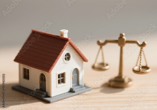 Miniature House with Scales – Symbol of Property Law, Mortgage Balance, and Real Estate Justice