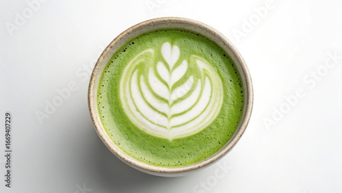 A beautifully crafted matcha latte with intricate foam art in a rustic bowl.