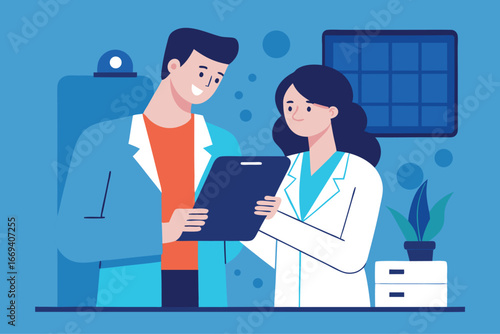 Two Doctors Discussing Patient Information on a Clipboard in Office