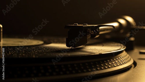 A record player's tonearm and stylus on a spinning, dusty vinyl record.