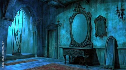 Eerie and mysterious: An old room with ornate mirrors and a gothic atmosphere conjures a sense of