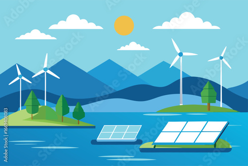 Renewable Energy Landscape with Wind Turbines and Floating Solar Panels
