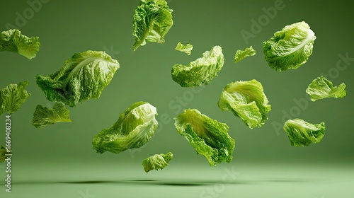A picture of lettuce leaves flying fresh on a green studio background