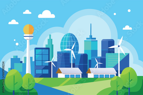 Sustainable Cityscape Illustration with Wind Turbines and Green Energy Solutions