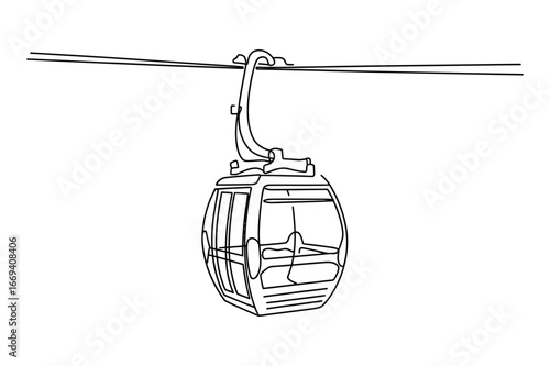 Simple line drawing of a single gondola cabin suspended from a cable on a white background