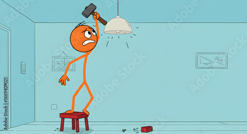 Frustrated orange stick figure attempts DIY home repair, accidentally breaking light fixture with a large hammer.