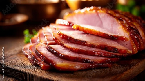 Delicious Sliced Ham on Wooden Board: Perfect for Holiday Celebrations and Feasts