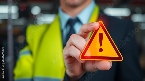 Problem and error warning concept. Businessman touching on triangle caution warning sign, automatic warning system for notification error and maintenance. Incident, risk, contingency management.