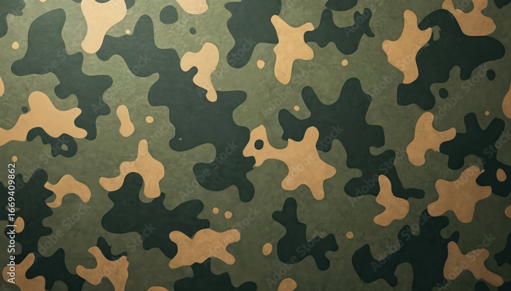 Fototapeta premium Seamless camouflage pattern with irregular splotches of dark green, light green, tan. Textured fabric design provides effective concealment in natural environments, suitable for military apparel,