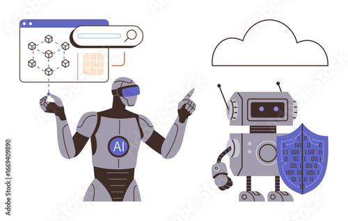 Advanced AI robot interacting with analytics, classic robot holding binary shield under cloud. Ideal for AI, robotics, cybersecurity, cloud computing, technology, data safety, machine learning