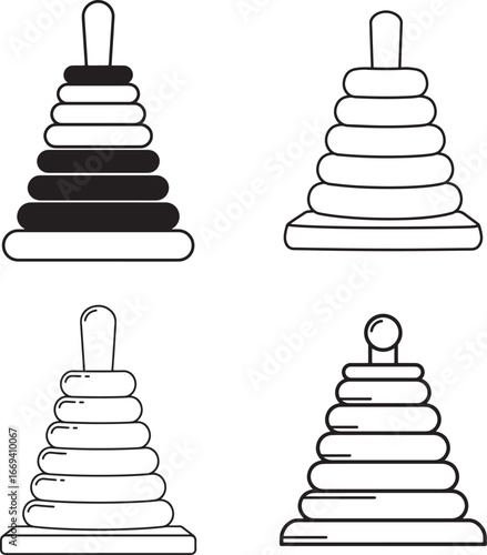 Four stacking ring toys in a simple line drawing silhouette