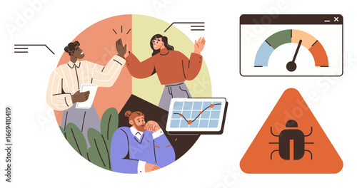 Professionals analyzing data, celebrating progress, tracking performance metrics, and addressing errors. Ideal for teamwork, productivity, project management, software debugging, goal achievement