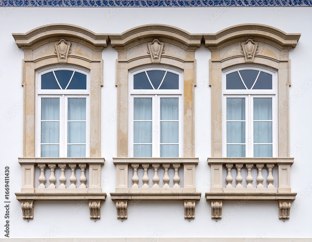 Fototapeta premium Three arched windows with stone balconies