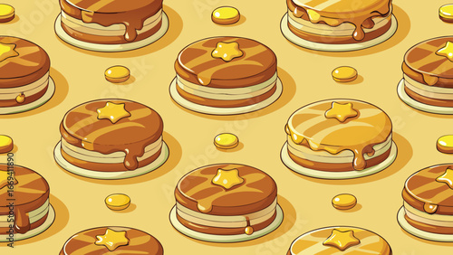 Stacked pancakes with syrup and butter in a repeating pattern breakfast maple syrup
