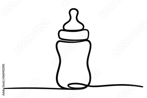 Minimalist single line drawing of a baby bottle with a nipple and cap on a white background