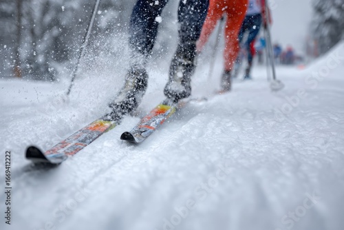 Cross country skiers compete in winter sports event on snowy terrain with falling snowflakes at a scenic location