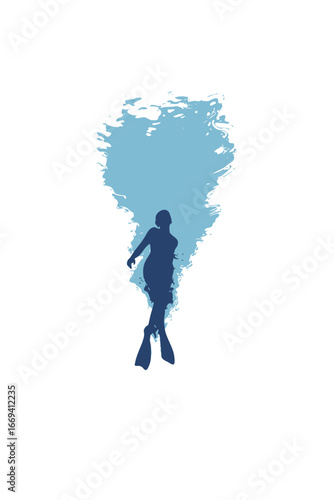 A diver glides gracefully through clear blue water, utilizing fins for movement. The surface creates a beautiful ripple effect, adding depth to the aquatic environment.
