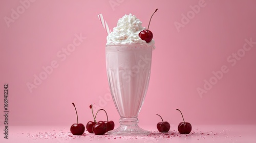 A picture of milkshake with whipped cream and cherry on a pink studio background