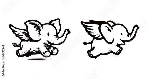 Two adorable illustrations depict elephants with wings, one sprinting happily. The playful design captures a whimsical and energetic atmosphere suitable