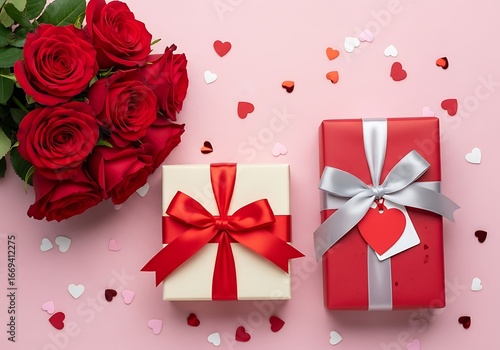 Valentines day gifts with red roses and hearts