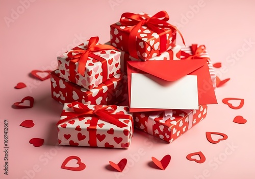 Pile of gift boxes with hearts and envelope