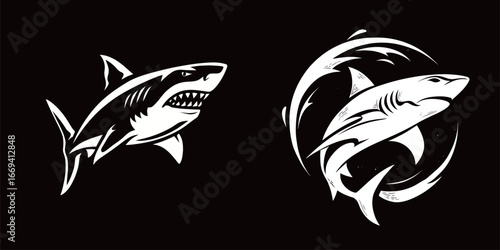 Two striking shark illustrations display different styles and poses, showcasing the powerful and graceful nature of these ocean predators. Black background emphasizes their bold designs.