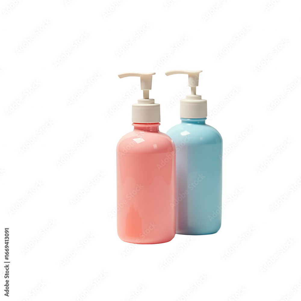 Two pastel-colored bottles, one light pink and one light blue, with white pump dispensers, are presented against a pure black background. Two pastel-colored bottles, one light pink and one light blue, with white pump dispensers, are presented against a pure black background.