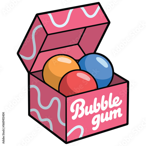 Chewing bubble gum balls in box packaging vector illustration on white background