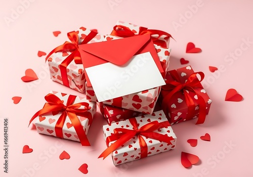 Pile of gift boxes with hearts and blank card