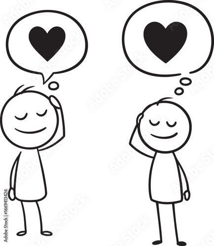 Two stick figures thinking about love with hearts in speech bubbles silhouette